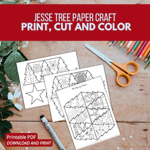 May include: Printable Jesse Tree paper craft with instructions to print, cut, and color. The craft features a star, a tree, and a sunflower.