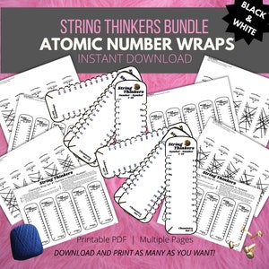 Puede incluir: Un paquete de PDF imprimible de patrones de arte de hilo en blanco y negro para aprender números y símbolos atómicos. El paquete incluye varias páginas de patrones imprimibles, incluido un conjunto de envolturas para aprender los números atómicos del 1 al 12.