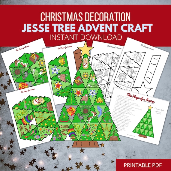 Jesse Tree Advent Decoration, Printable Christmas Devotional Activity for Kids, Bible Coloring Page Paper Ornament Craft Template for Family