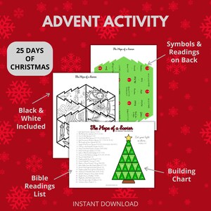 May include: A printable Advent activity set with a Christmas tree building chart, a list of Bible readings, and a coloring page of a nativity scene. The set includes black and white versions of the pages. The text "The Hope of a Savior" is featured on the pages.