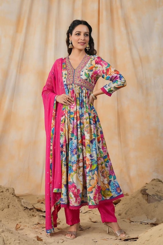 floral party wear indian dresses Floral Print Organza Gown: Handmade Indian Wedding Outfit