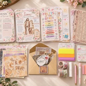 May include: A collection of religious study materials including printed cards with biblical themes, floral patterned stationery, a kraft paper envelope, colourful adhesive page markers, two rolls of decorative washi tape, a glue stick, and two pens.