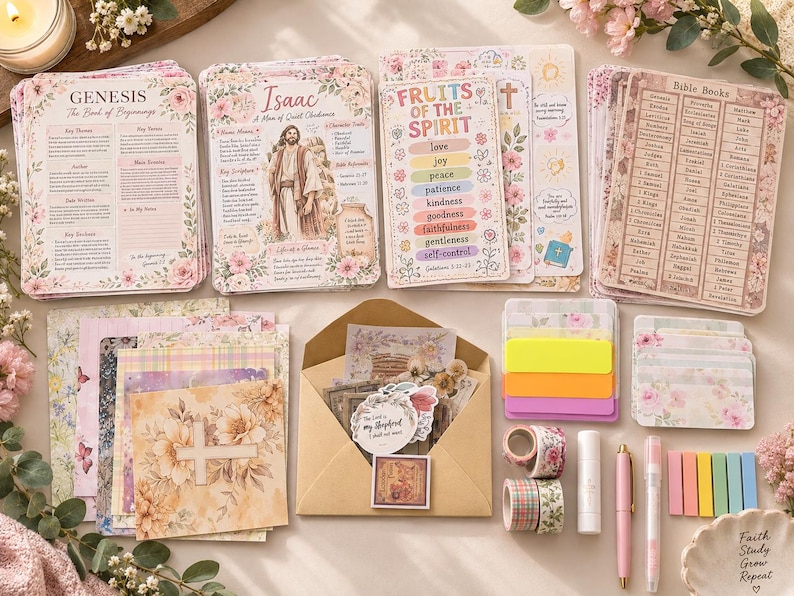 May include: A collection of religious study materials including printed cards with biblical themes, floral patterned stationery, a kraft paper envelope, colourful adhesive page markers, two rolls of decorative washi tape, a glue stick, and two pens.