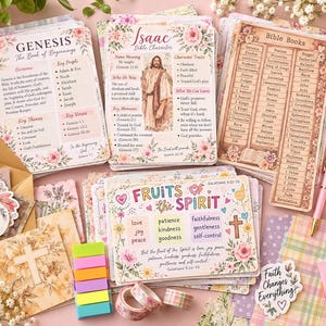 May include: A collection of floral-themed Bible study cards featuring Genesis and Isaac summaries, a list of Bible books, and a Fruits of the Spirit chart. Includes a pink pen, adhesive flags, washi tape, and stickers with religious text.