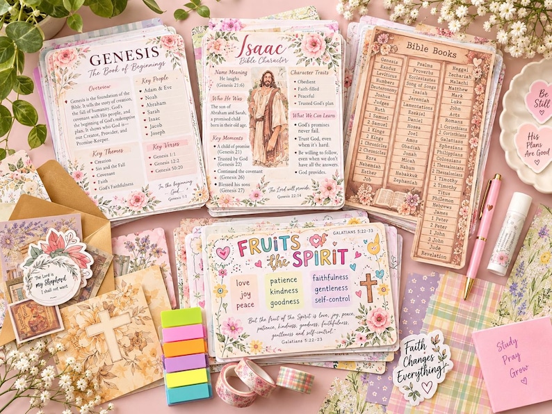 May include: A collection of floral-themed Bible study cards featuring Genesis and Isaac summaries, a list of Bible books, and a Fruits of the Spirit chart. Includes a pink pen, adhesive flags, washi tape, and stickers with religious text.