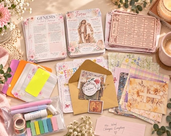May include: A collection of Christian-themed stationery including Bible study cards with floral designs, a brown envelope containing stickers, a clear plastic pouch with colorful pens, washi tape, and sticky notes, plus a card with the text His Word Changes Everything.