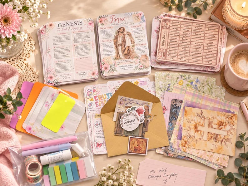 May include: A collection of Christian-themed stationery including Bible study cards with floral designs, a brown envelope containing stickers, a clear plastic pouch with colourful pens, washi tape, and sticky notes, plus a card with the text His Word Changes Everything.