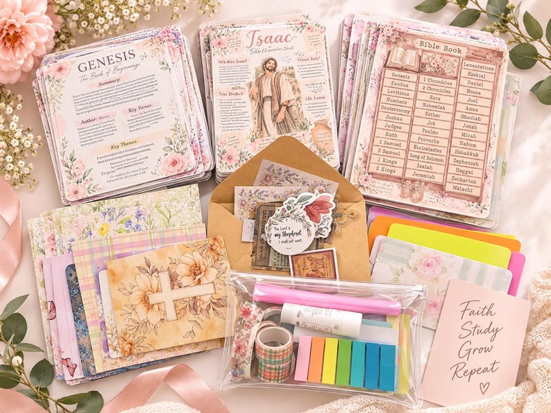 May include: A collection of Bible study cards featuring floral designs, including Genesis and Isaac character summaries, a Bible book list, a cross illustration, a brown envelope with stickers, a clear pouch with washi tape, and a pink card with the text Faith Study Grow Repeat.
