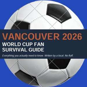 May include: A soccer ball graphic serves as the background for a dark blue rectangular banner featuring the orange text VANCOUVER 2026, followed by the white text WORLD CUP FAN SURVIVAL GUIDE and the smaller white text Everything you actually need to know. Written by a local. No fluff.