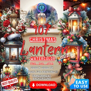 Acquerello Natale 2024 Lanterna Natale vintage Png Natale ClipArt Svg, Luci natalizie, Grafica stampabile, Pacchetto natalizio, SVG