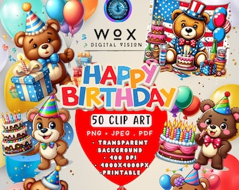 May include: A set of 50 clip art images featuring cute cartoon bears celebrating a birthday. The images are available in PNG, JPEG, and PDF formats. The bears are wearing party hats and holding birthday cakes, balloons, and gifts. The background is transparent, making the images easy to use in various projects.