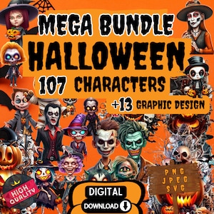 Halloween Character Clipart Png Bundle Download, Sublimazione di Halloween, Film horror, Personaggi spaventosi Png, Clipart di personaggi spettrali stampabili