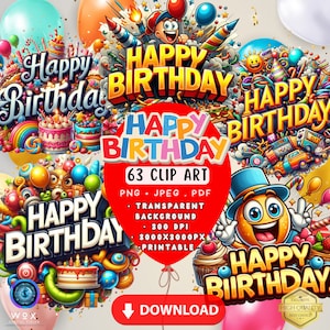 Feliz cumpleaños Clipart PNG Descarga digital,Descarga instantánea de deseos de cumpleaños,Diseño de pastel PNG,Archivo PNG de fiesta de cumpleaños con letras,Uso comercial