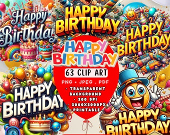 Happy Birthday Clipart PNG Digital Download,Birthday Wishes Instant Download,Cake Png design,Letters Birthday party PNG file,Commercial Use