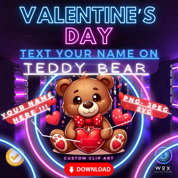 Valentines Teddy Bear Clip Art Download, Text Your Name Png, Custom Valentine's Day Gift Digital, Custom  Text Teddy Bears, Couple Clip Art