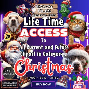 May include: A colourful digital illustration advertising access to 6,000+ Christmas clipart files in PNG, SVG and JPEG formats. The text reads "Life Time Access to All Current and Future Clipart in Category: Christmas. PNG SVG JPEG. Buy Now. Rising Value!!!"