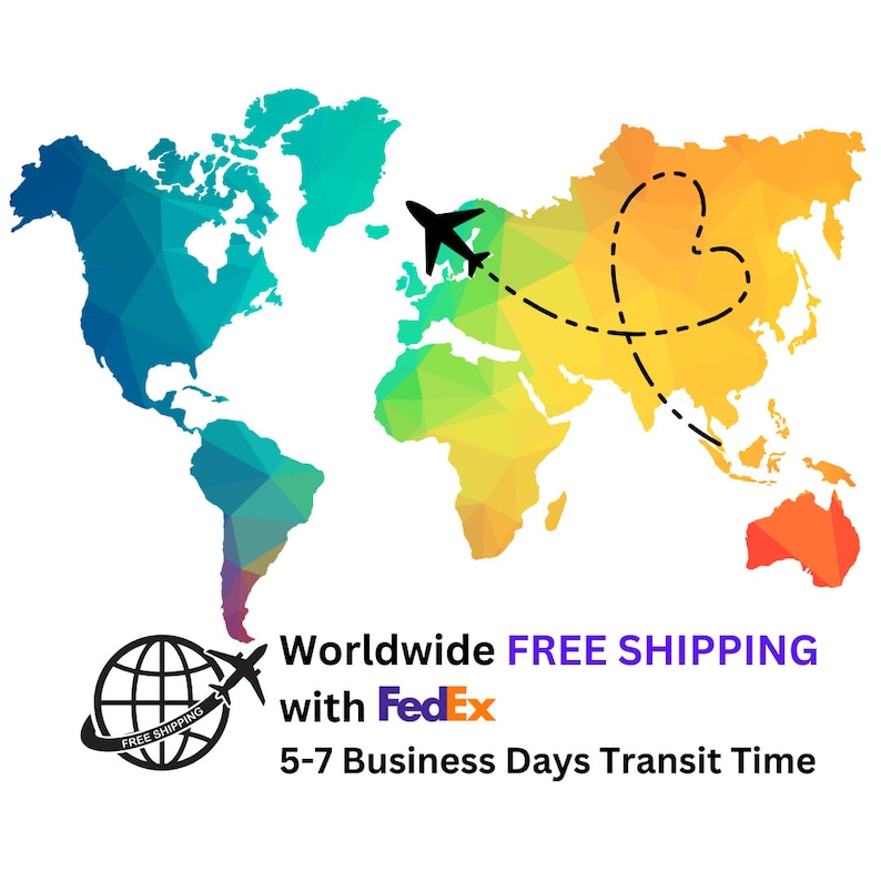 May include: A colorful world map with a geometric design. A black airplane flies from Europe towards Asia, with a dotted line forming a heart shape. The text "Worldwide FREE SHIPPING" is displayed below the globe.