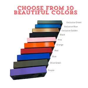 May include: An image showcasing a selection of ten vibrantly colored rectangular objects, each with a unique hue. The colors include green, blue, golden, black, pink, orange, red, olive green, and purple. Text at the top reads "CHOOSE FROM 10 BEAUTIFUL COLORS."