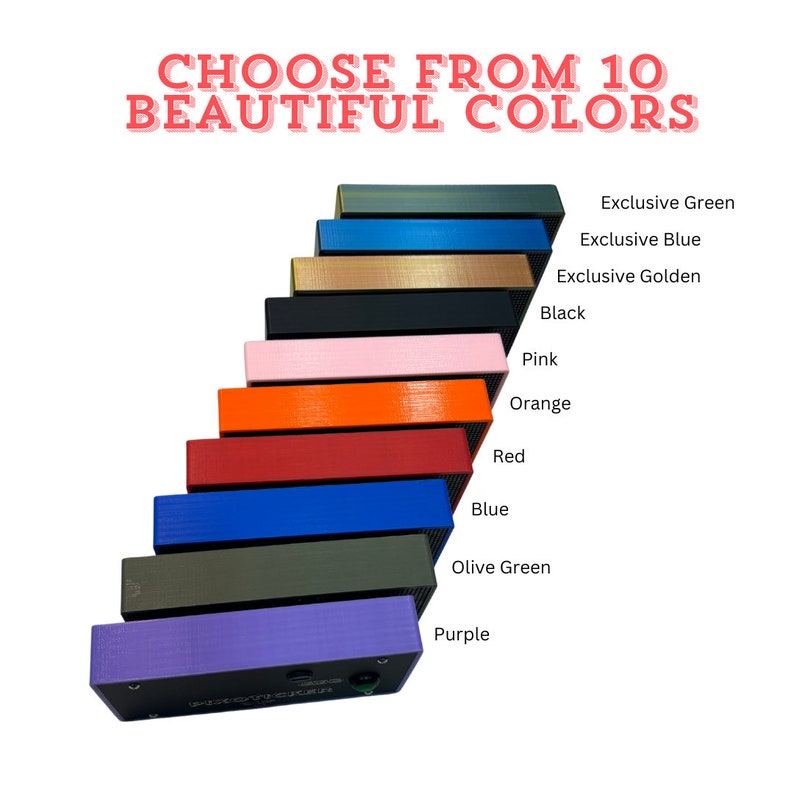 May include: An image showcasing a selection of ten vibrantly colored rectangular objects, each with a unique hue. The colors include green, blue, golden, black, pink, orange, red, olive green, and purple. Text at the top reads "CHOOSE FROM 10 BEAUTIFUL COLORS."