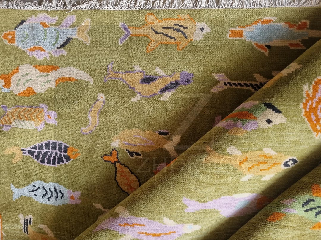 Koi Fish Runner Rug: Green Colorful Carpet Handmade Wool Area Rug - Etsy