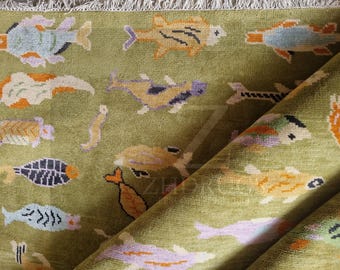 Koi Fish Runner Rug: Green Colorful Carpet Handmade Wool Area Rug