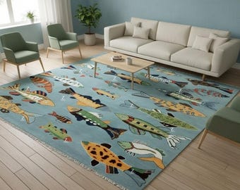 Koi Fish Runner Rug: Green Colorful Carpet Handmade Wool Area Rug