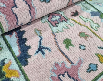 Hand Knotted Wool Oushak Rug, Floral Design Living Room Runner