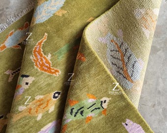 Olive Green Koi Fish Rug • Hand-Knotted Wool Carpet • Whimsical Living Room Area Rug
