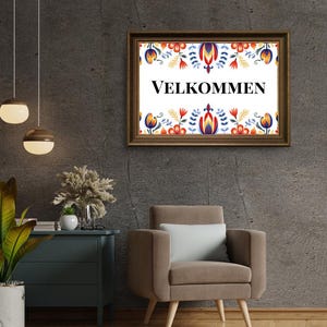 PRINTED - Norwegian Rosemaling &quot;Velkommen&quot; Print - Scandinavian Welcome Sign Wall Art - Home Decor -