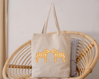 Yellow Dala Horse Canvas Tote Bag: Scandinavian Folk Art