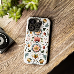 Scandinavian Rosemaling Phone Case - Traditional Folk Art Design Protective Cover - Botanical - Flower - Unique Gift - Colorful