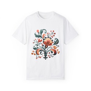 Modern Meets Traditional Rosemaling T-Shirt - Norwegian Folk Art Design - Unisex Garment-Dyed T-shirt - Scandinavian design - high quality