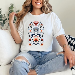 Traditional Norwegian Rosemaling T-Shirt - Scandinavian Folk Art Tee, Nordic Floral Design, Unisex Heritage Shirt