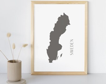 Stampa digitale della mappa della Svezia - Opera d'arte moderna del paese scandinavo - Decorazione murale svedese minimalista