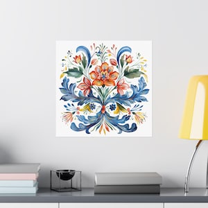 PRINTED - Rosemaling Wall Art - Scandinavian Folk Art Design - Floral Home Office Decior - Rosemaling Home Decor - Nordic Style Art