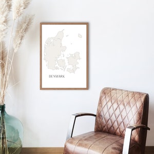 Impresión digital del mapa de Dinamarca - Obra de arte moderna del país escandinavo - Decoración minimalista de la pared danesa