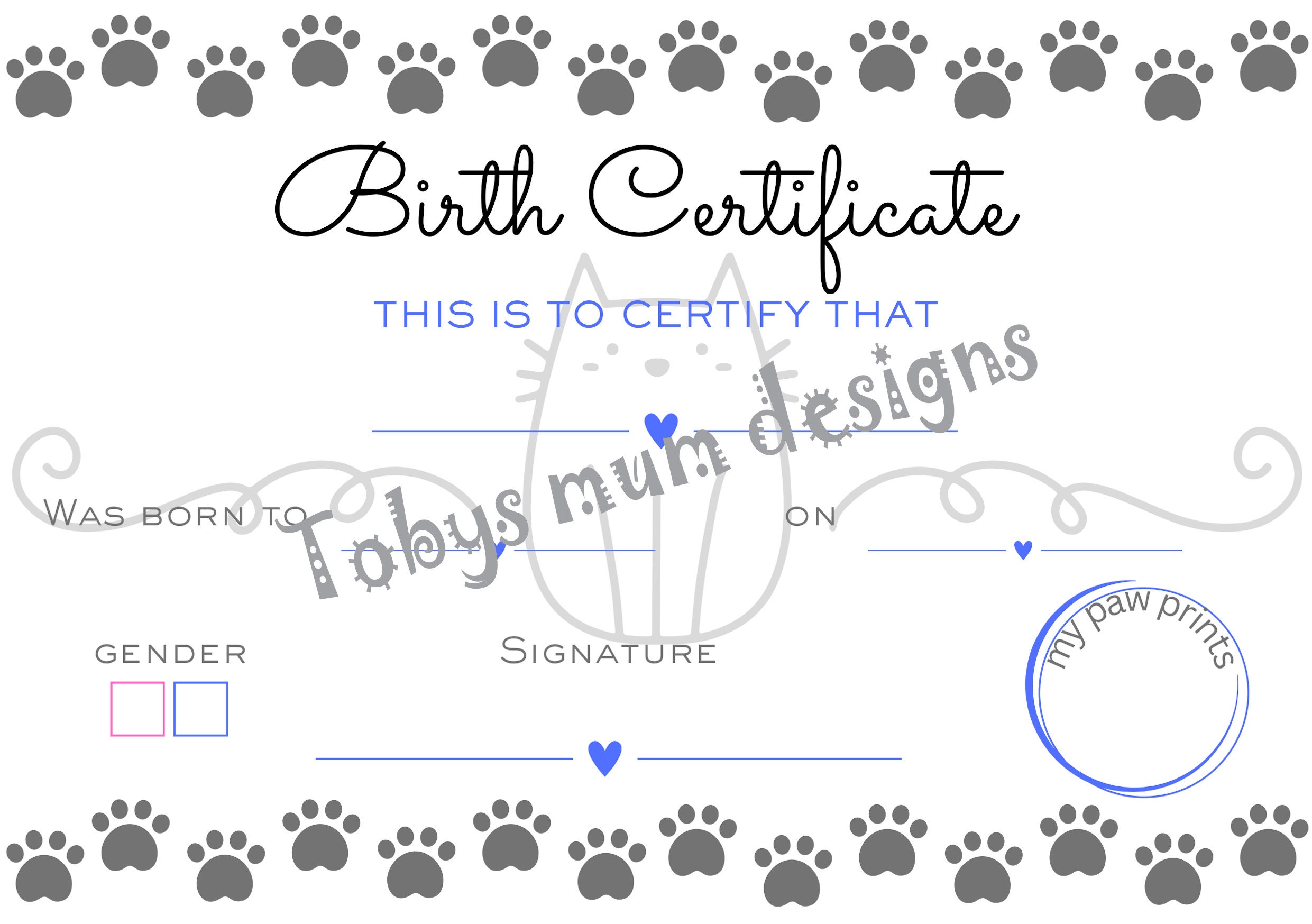 Kitten Birth Certificate, Printable Print at Home, Breeder Form, Paw ...