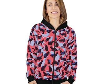 Tessellating Black Cat Camouflage Damen Kapuzenpullover | Sweatshirt mit Katzenmuster, Pullover, purrfekter Reißverschluss für coole Katzen und Miau-Babys