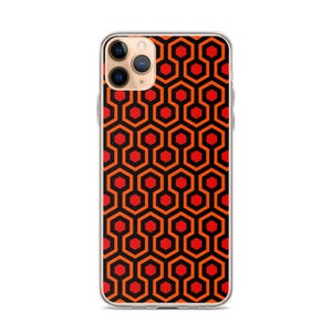 Könnte beinhalten: Eine transparente Handyhülle mit einem geometrischen Muster in Schwarz und Orange. Das Muster erinnert an den Teppich im Overlook Hotel aus dem Film "Shining".