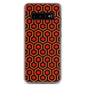 May include: A clear phone case featuring a black and orange geometric pattern. The design is reminiscent of the Overlook Hotel carpet from the film "The Shining".
