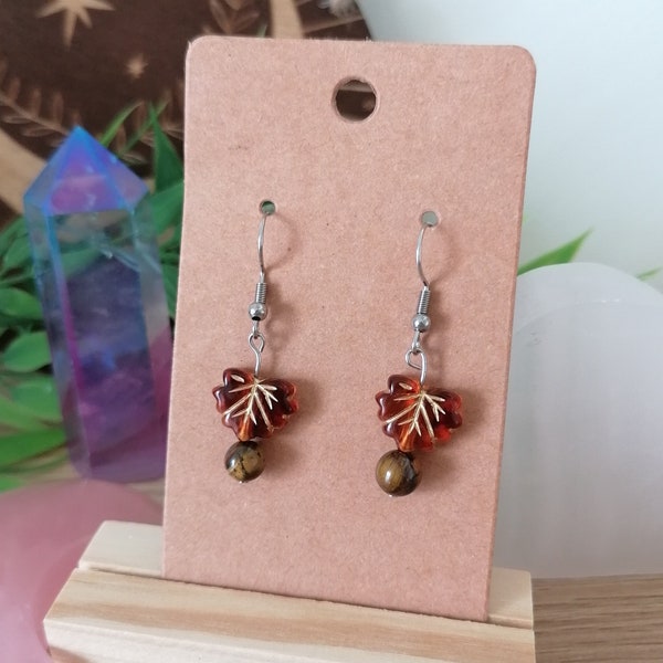 Boucles d’oreilles Feuille d'automne - fait main - oeil de tigre