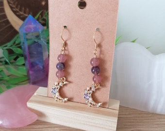 Boucles d’oreilles lune étoilée - fait main - quartz fraise / améthyste