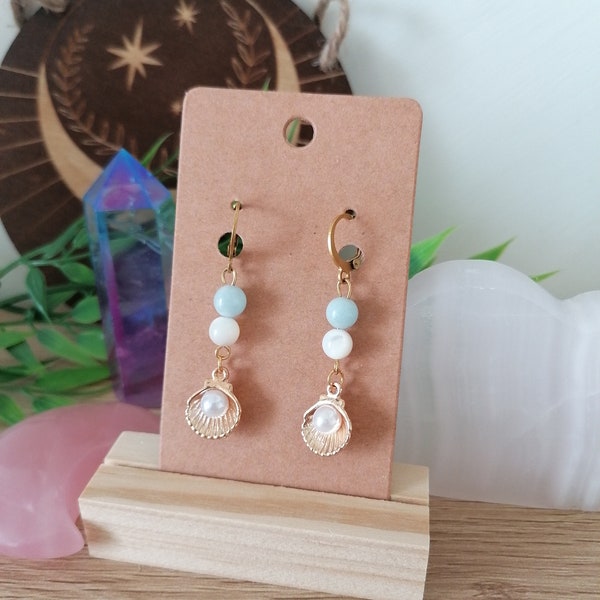 Boucles d’oreilles Océan  - fait main - Aigue marine  Nacre