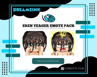 May include: A digital illustration of Eren Yeager from the anime Attack on Titan. The image features two different expressions of Eren Yeager, one with a neutral expression and the other with an angry expression. The image is labeled "Eren Yeager Emote Pack" and includes the text "Instant Download" and "@confetti_gum".