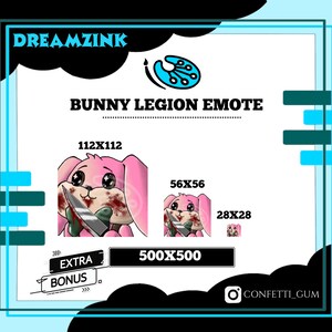 Op de afbeelding: Een roze konijn met een bloedig mes in zijn bek. De afbeelding is een digitale illustratie voor een emoji. De tekst "Bunny Legion Emote" staat bovenaan de afbeelding. De afbeelding toont verschillende formaten van de emoji: 112x112, 56x56 en 28x28. De tekst "500x500" staat onder de afbeelding. De tekst "Extra Bonus" staat in een vak onder de afbeelding. De tekst "CONFETTI_GUM" staat in een cirkel onder de afbeelding.
