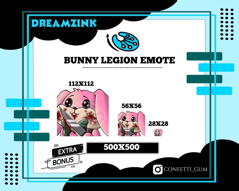 Op de afbeelding: Een roze konijn met een bloedig mes in zijn bek. De afbeelding is een digitale illustratie voor een emoji. De tekst "Bunny Legion Emote" staat bovenaan de afbeelding. De afbeelding toont verschillende formaten van de emoji: 112x112, 56x56 en 28x28. De tekst "500x500" staat onder de afbeelding. De tekst "Extra Bonus" staat in een vak onder de afbeelding. De tekst "CONFETTI_GUM" staat in een cirkel onder de afbeelding.