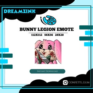 Op de afbeelding: Een roze konijn met grote ogen houdt een bloedig mes in zijn pootjes. Het konijn draagt een groen shirt. De afbeelding heeft de titel "Bunny Legion Emote" en bevat de maten 112x112, 56x56 en 28x28.