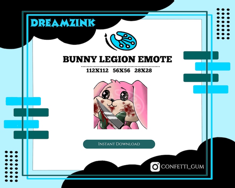 Op de afbeelding: Een roze konijn met grote ogen houdt een bloedig mes in zijn pootjes. Het konijn draagt een groen shirt. De afbeelding heeft de titel "Bunny Legion Emote" en bevat de maten 112x112, 56x56 en 28x28.