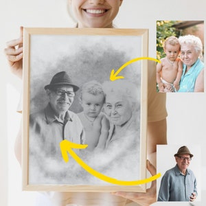 Peinture de portrait de famille personnalisée : combinez des photos et ajoutez un être cher (fichier numérique)