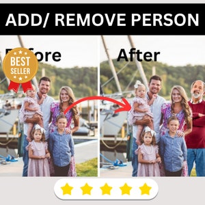 May include: Before and after image showing the removal of a person from a family photo. The photo shows a family of six standing on a dock by a lake. The after image shows the same family with one person removed.